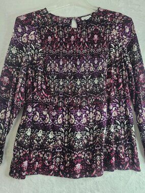 J. Jill Ikat Smocked Women Tunic Blouse Key Hole Round Neck Size L Petite